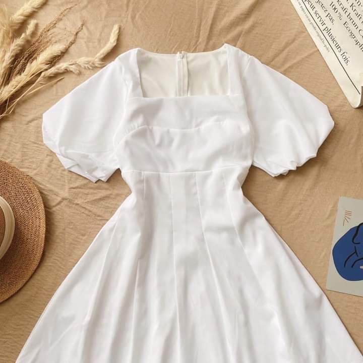 Đầm Cổ Vuông ❤️FREESHIP❤️ Tay Phồng Dáng Xòe Chíp Eo