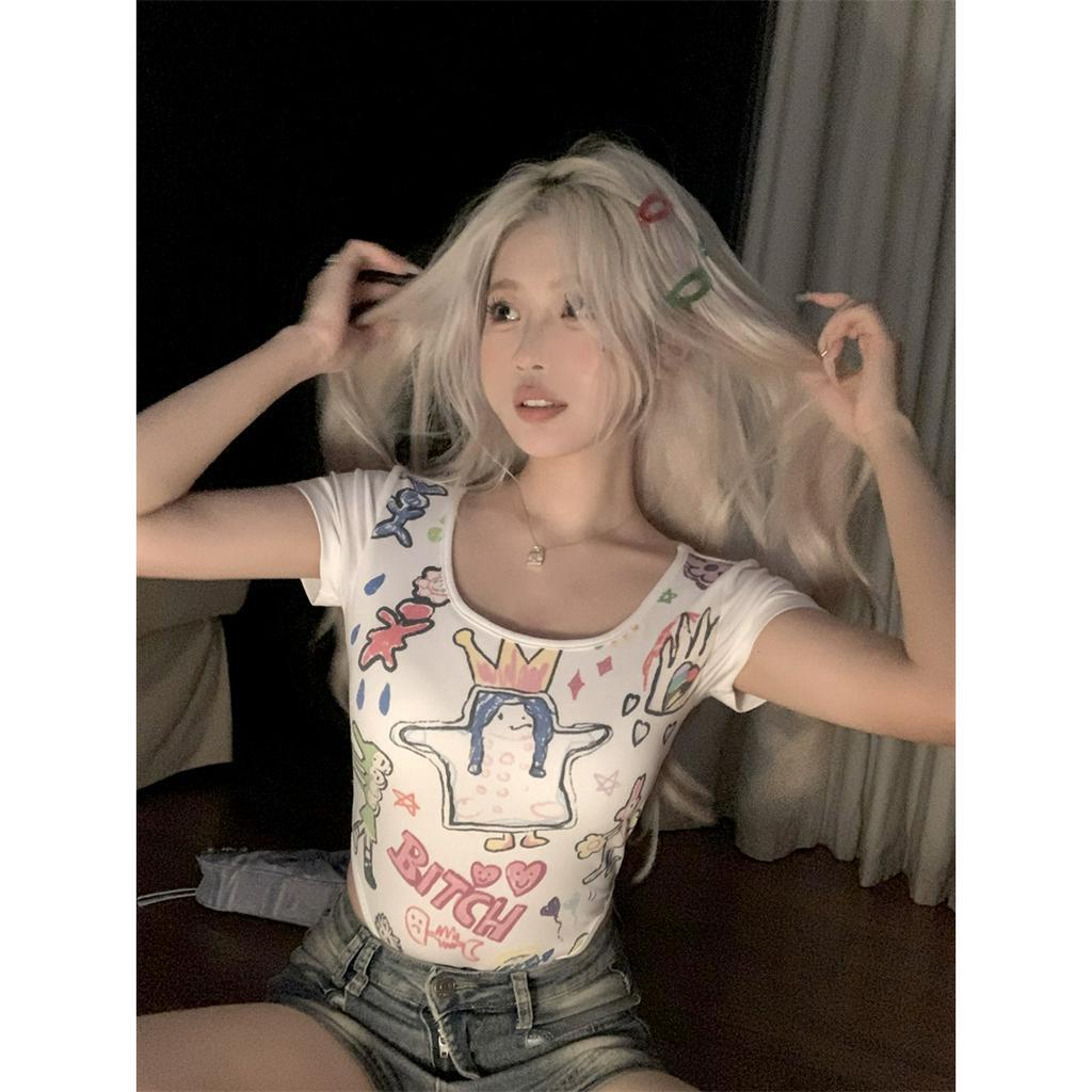 QADCOL  Áo Thun Tay Ngắn In Hoạt Hình One Piece Phối Thắt Lưng Và Đệm Ngực Thời Trang Cho Nữ