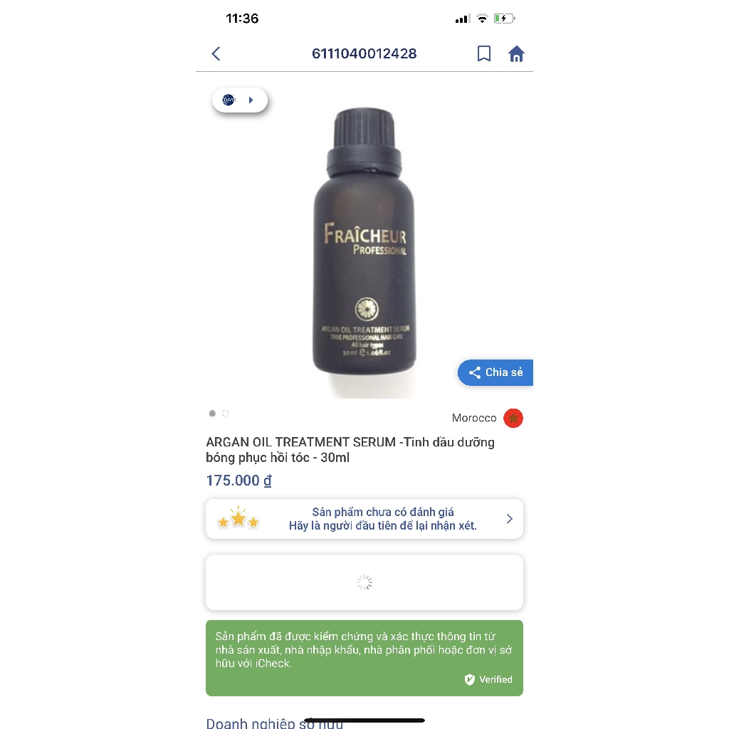 Tinh dầu dưỡng phục hồi chuyên sâu Fraicheur Argan Oil Treatment Serum 30ml chính hãng