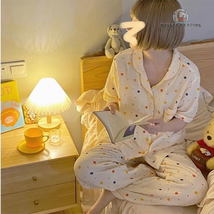 Set đồ ngủ cotton ngắn tay họa tiết chấm bi phong cách Hàn Quốc thời trang dễ thương cho nữ