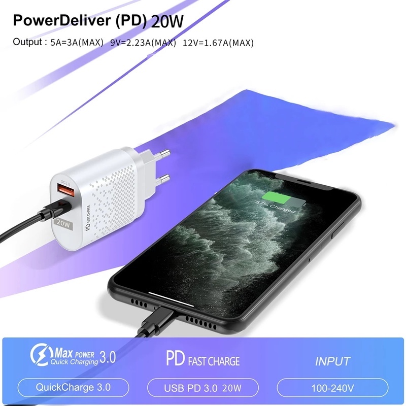 Củ sạc nhanh QC 3.0 20W PD phích cắm EU / US cho iPhone Android