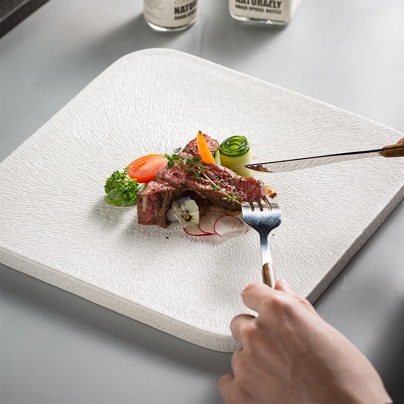 Đĩa sứ vuông Vân sần Sarang 2 màu trắng đen, Đĩa sứ nhà hàng cao cấp