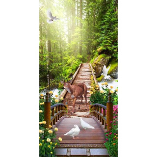 Tranh dán tường 3D con đường hàng cây khổ dọc - tranh đứng - vải lụa phủ kim sa
