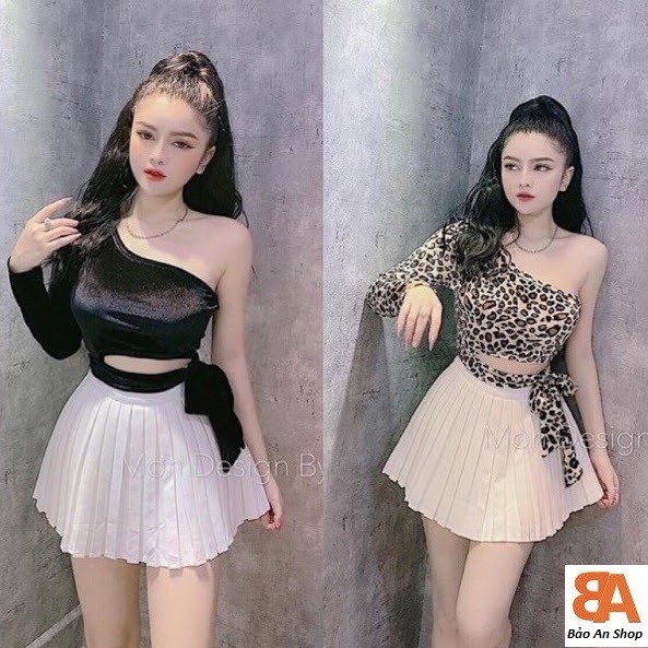 Áo croptop bẹt vai tay dài phối da beo_áo thun body cột eo