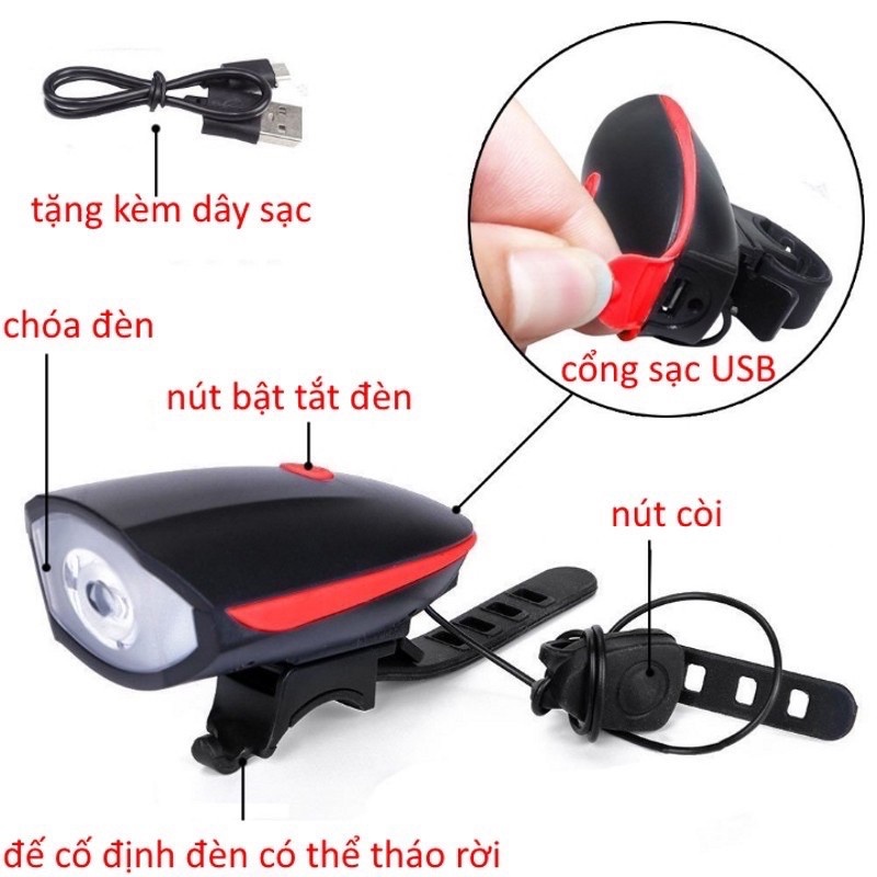 [Mã LIFE2104ALL giảm 10% đơn 50K] Đèn Pin Xe Đạp 3 Chế Độ Sáng Còi Xe To Bảo Vệ An Toàn Ban Đêm (Sạc USB)