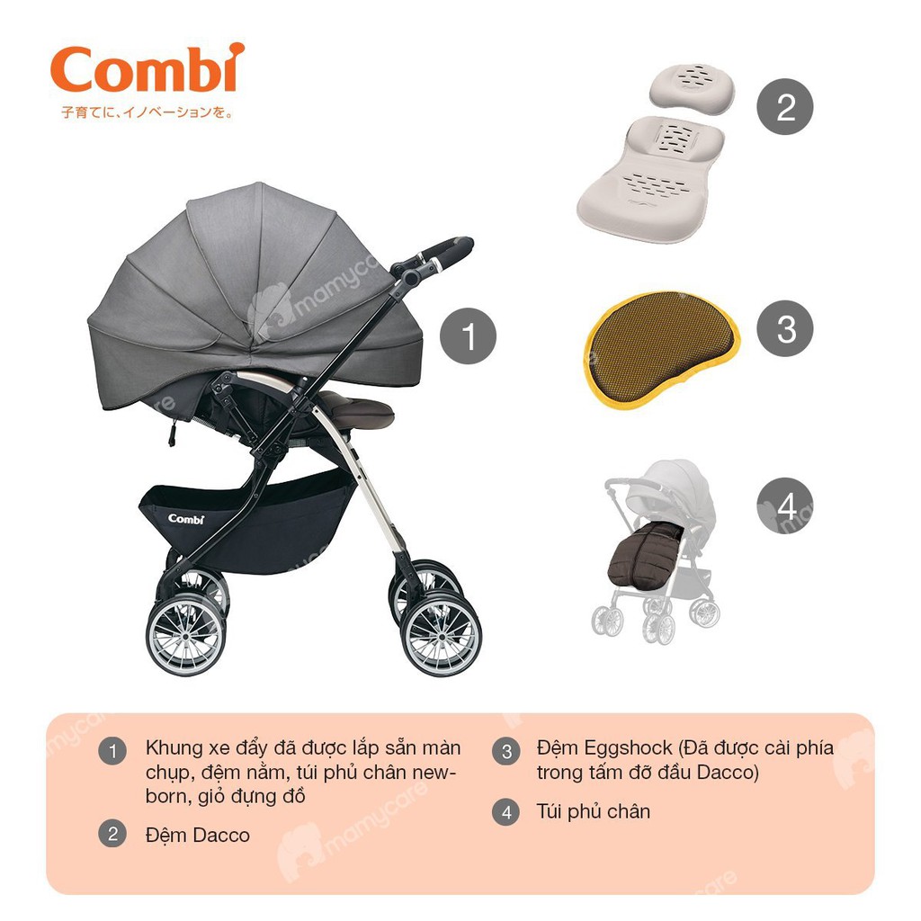 Xe đẩy Combi Umbretta 2 chiều, 3 tư thế, 4 bánh quay tự động cho bé - MAMYCARE