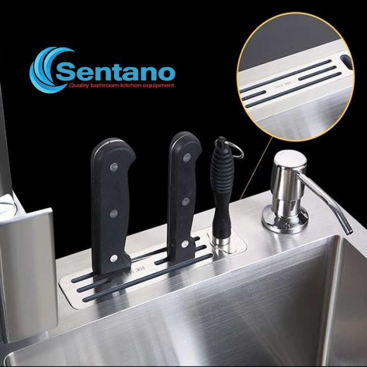 bồn rửa chén đúc SENTANO inox 304 có 2 ngăn 100x48cm có kệ gác thớt, cài dao, hố đựng rác inox sus 304