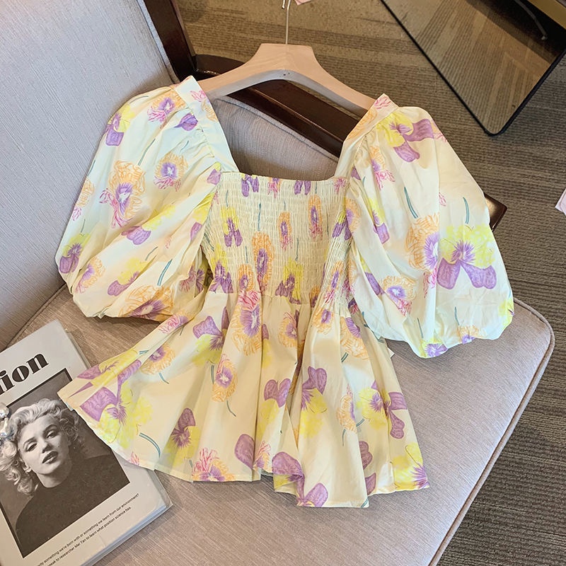 Áo Kiểu Tay Phồng Cổ Vuông In Họa Tiết Hoa Mẫu Mới Thời Trang Mùa Hè Cho Nữ