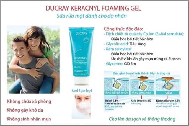 Gel Rửa Mặt cho Da Nhờn Mụn (200ml) - Ducray Keracnyl Gel Moussant