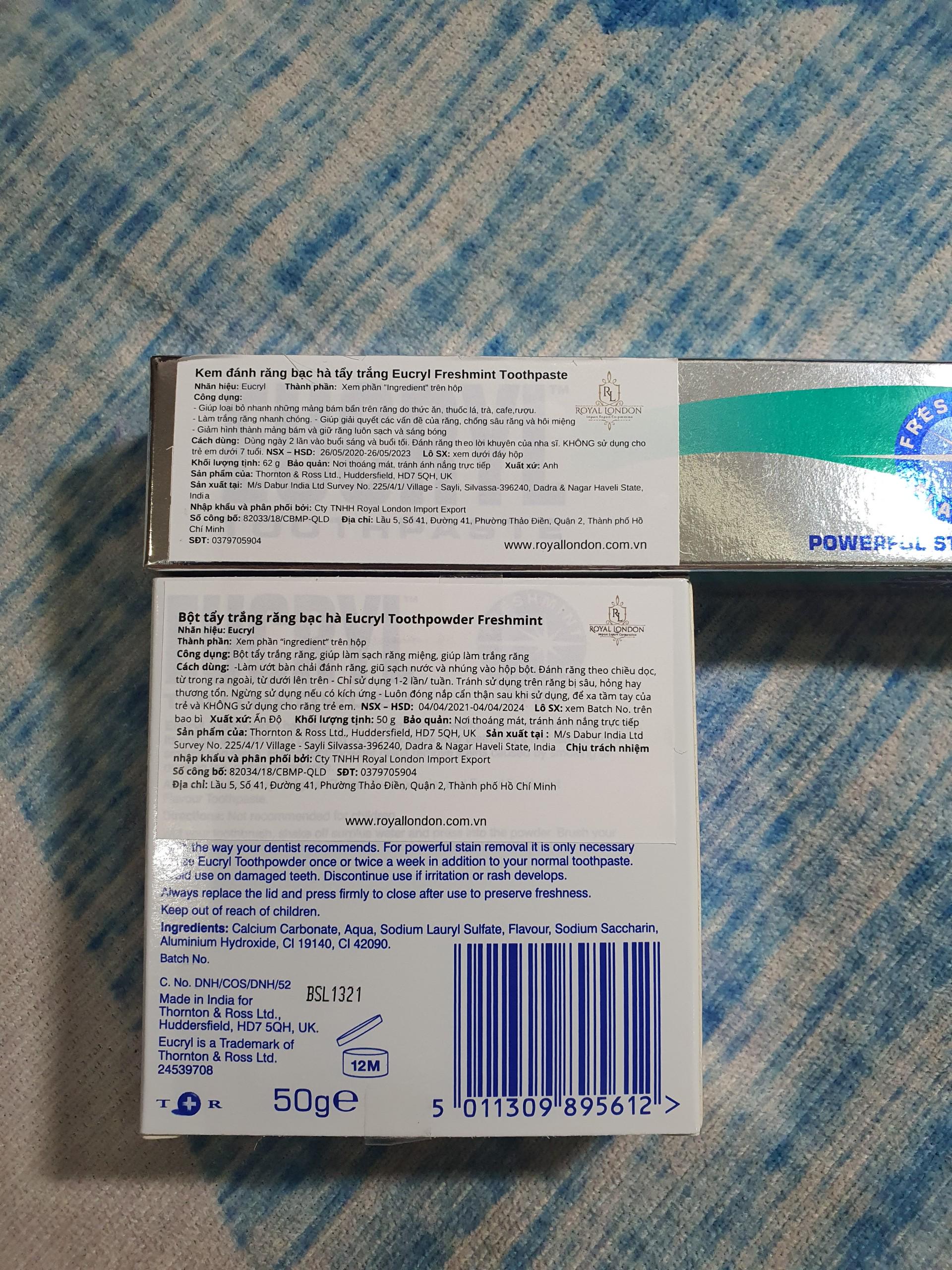 Combo 2 Món Kem và Bột Trắng Răng Eucryl Tooth Paste Freshmint Hương Bạc Hà - Anh [ Combo Trắng Răng ]