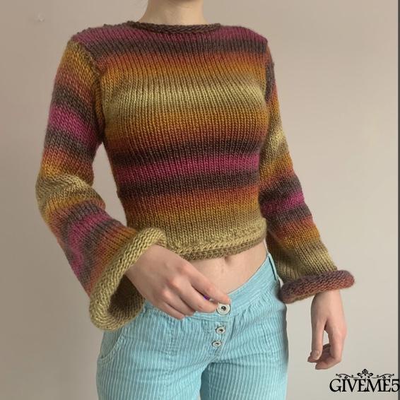 Áo sweater dệt kim tay dài cổ tròn màu sắc cầu vồng thời trang mùa thu cho nữ