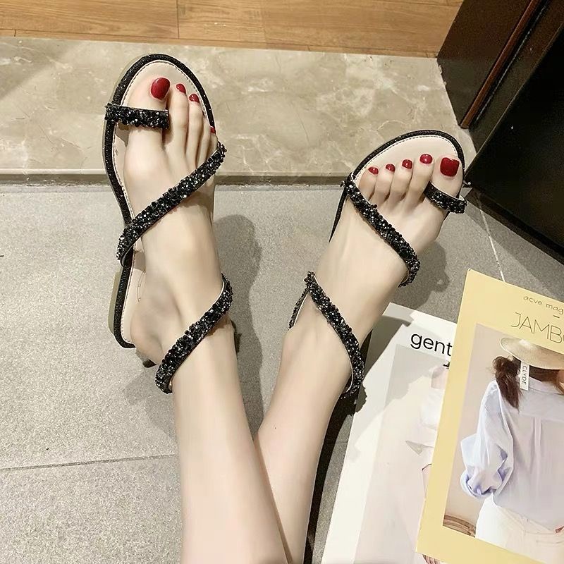 Sandal Đế Bằng Đính Đá Phong Cách Thời Trang Hàn Quốc Mới 2021