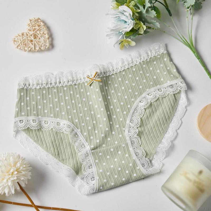 Quần Lót Cotton Lưng Vừa Phối Ren Họa Tiết Chấm Bi Phong Cách Nhật Bản Dễ Thương
