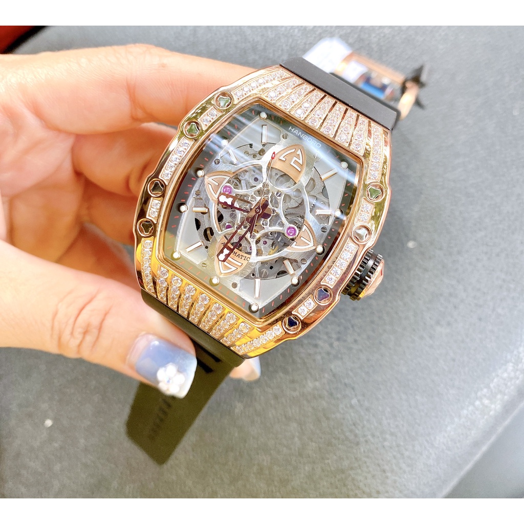 Có Video Cặp Đôi - Đồng Hồ Nữ Nam Hanboro Automatic Rose Gold Black , Dây Cao Su , Size 36mm/48mm