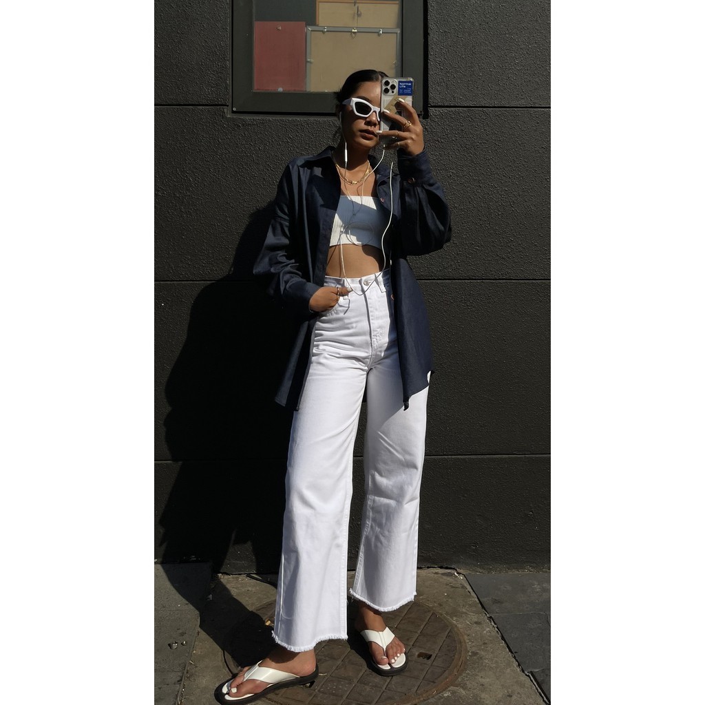 là min - Quần Jeans Culottes Form Lửng Màu Trắng