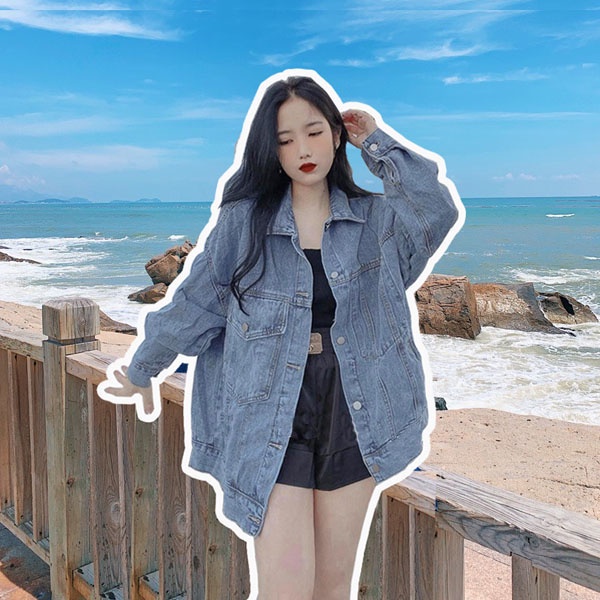 Áo denim nữ Hàn Quốc form rộng túi nắp F68