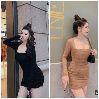 Đầm body dài tay ❄ FREESHIP ❄ Váy nữ nhún cổ vuông thời trang XIXO cao cấp DAM0038