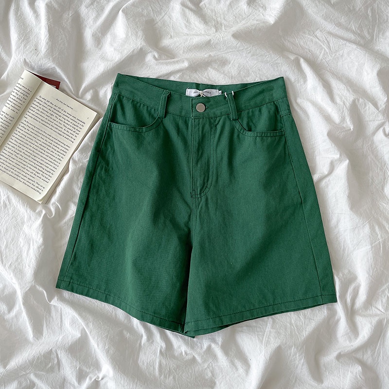 Quần short BH denim lưng cao ống rộng màu sắc tươi sáng phong cách Hàn Quốc dành cho nữ