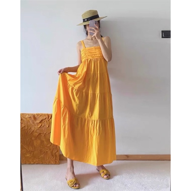 Đầm dây ZA maxi dáng dài bo chun cháy dáng xoè chất kate