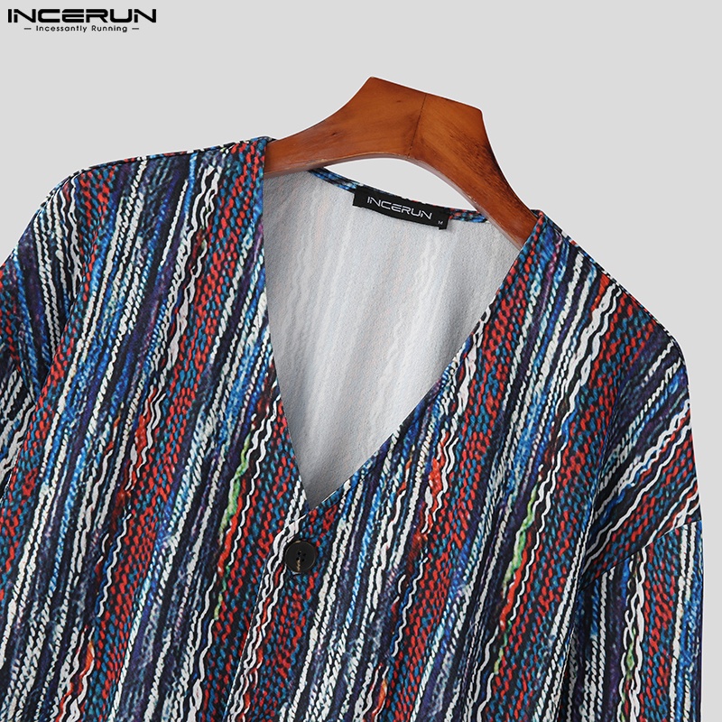 Áo dệt kim INCERUN dài tay cổ chữ V gài nút kẻ sọc nhiều màu phong cách dân tộc cho nam