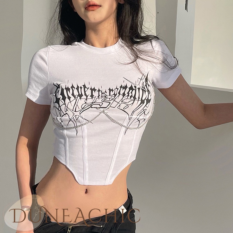 DUNEA Áo thun lửng dáng ôm in họa tiết phối dây xích thời trang mùa hè cho nữ