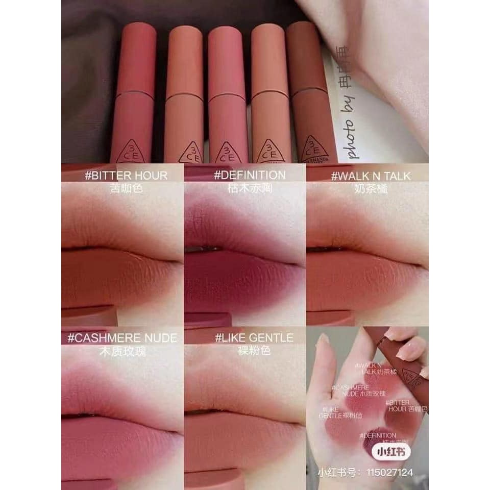 Son Kem Lì 3CE Mịn Nhẹ Như Mây Fairy cake Cuties Carrot pink Beige Avenue