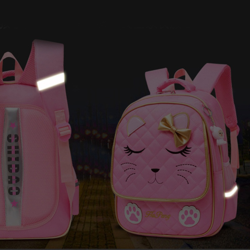 Ba Lô Nylon Đính Nơ Mặt Mèo Cỡ Lớn Cho Bé Gái Tiểu Học