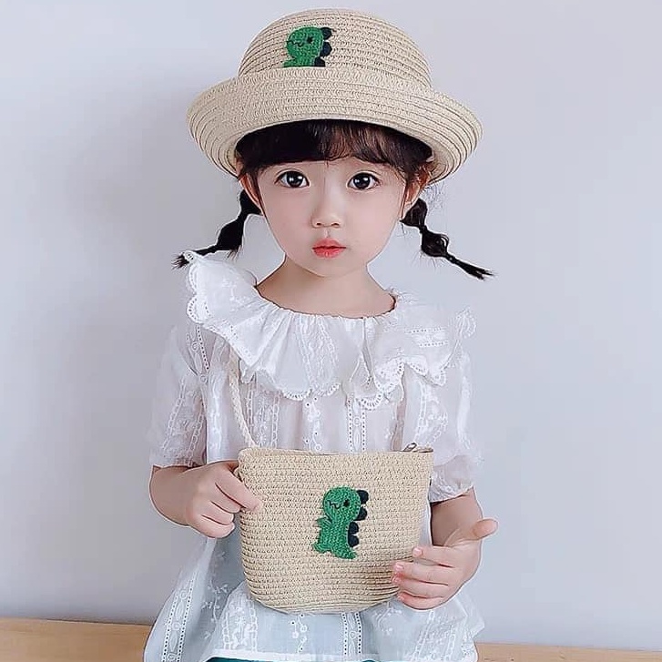 Sét 2 Mũ Cói, Túi Cói Đi Biển Nón Cói Cho Bé Từ 1-8 Tuổi Hoạ Tiết Khủng Long Siêu Dễ Thương - #tuicoi