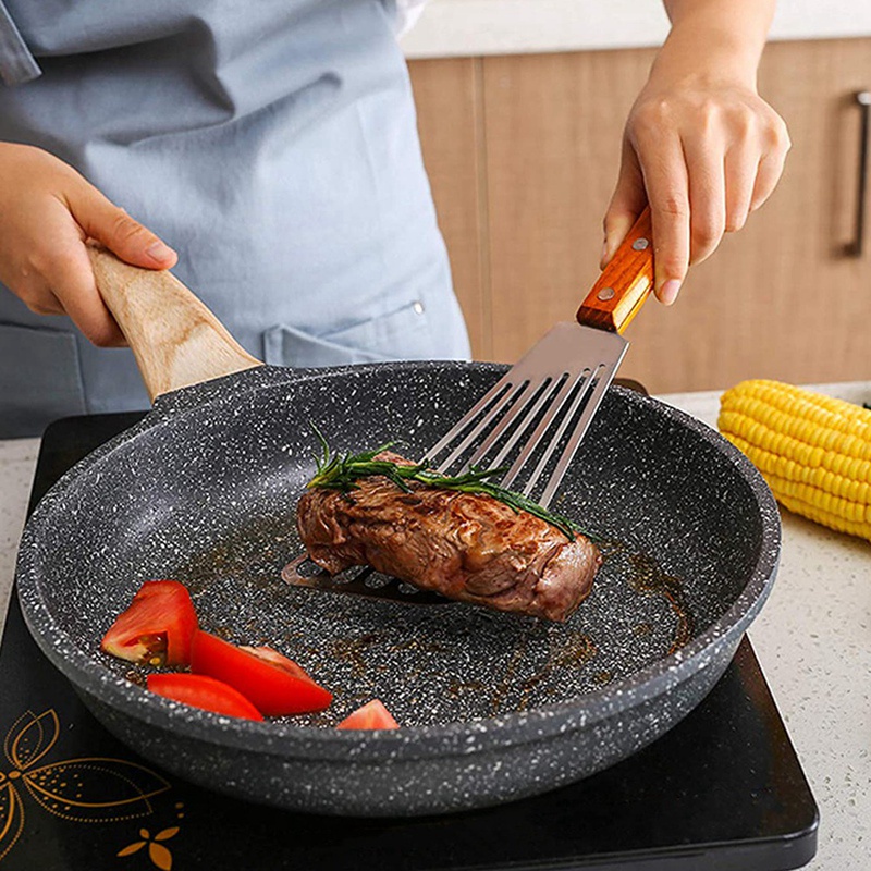 Xẻng Lật Chiên Cá Bằng Thép Không Gỉ Tay Cầm Gỗ Có Rãnh Cho Nhà Bếp