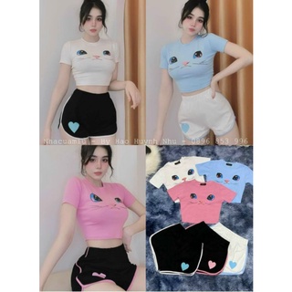 Sét áo croptop tay ngắn in mèo + quần đùi trái tim siêu xinh (BC)