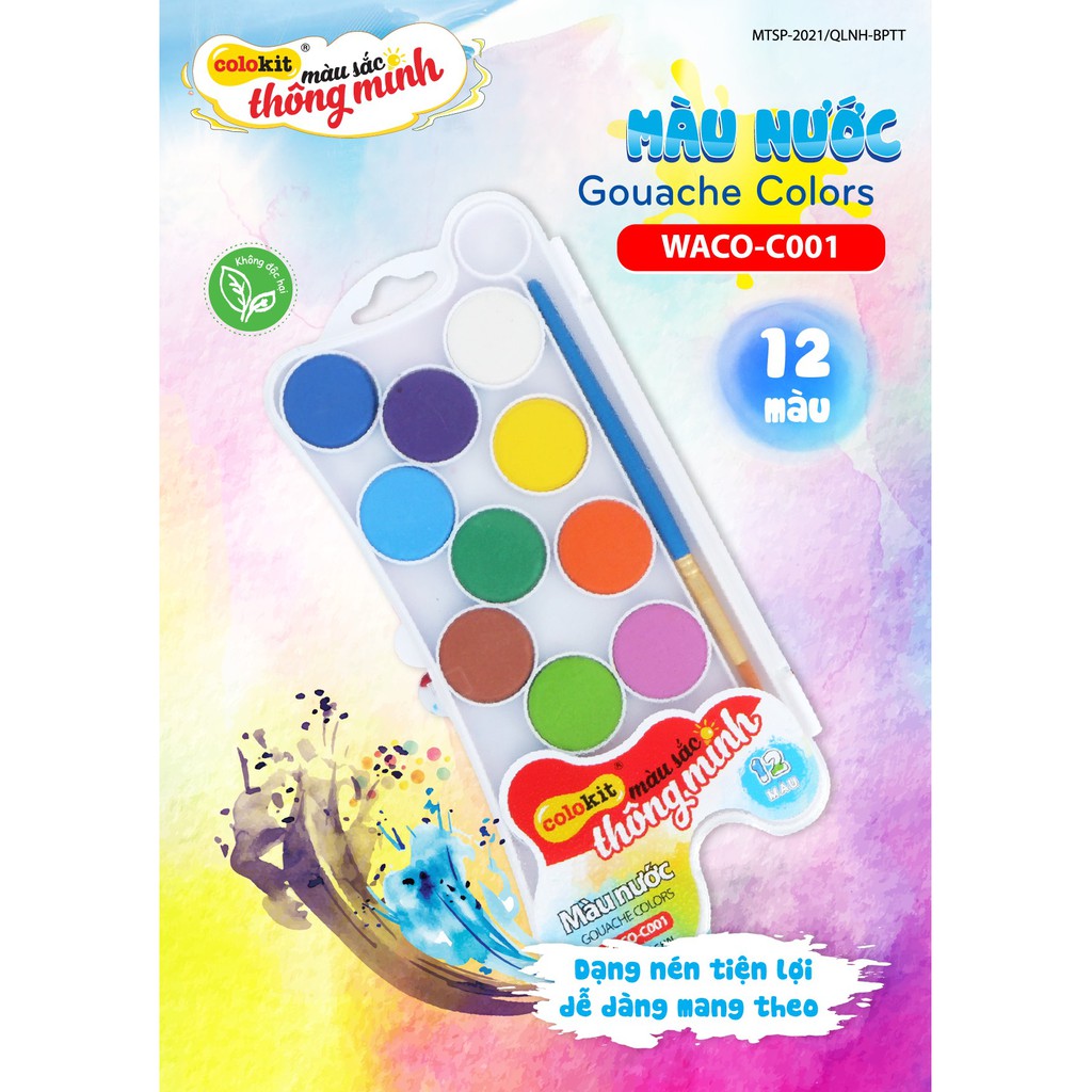 Màu nước Colokit Dạng Khô Gouache Colors Waco-c011 Vỉ 12 Màu, Kèm Cọ Vẽ