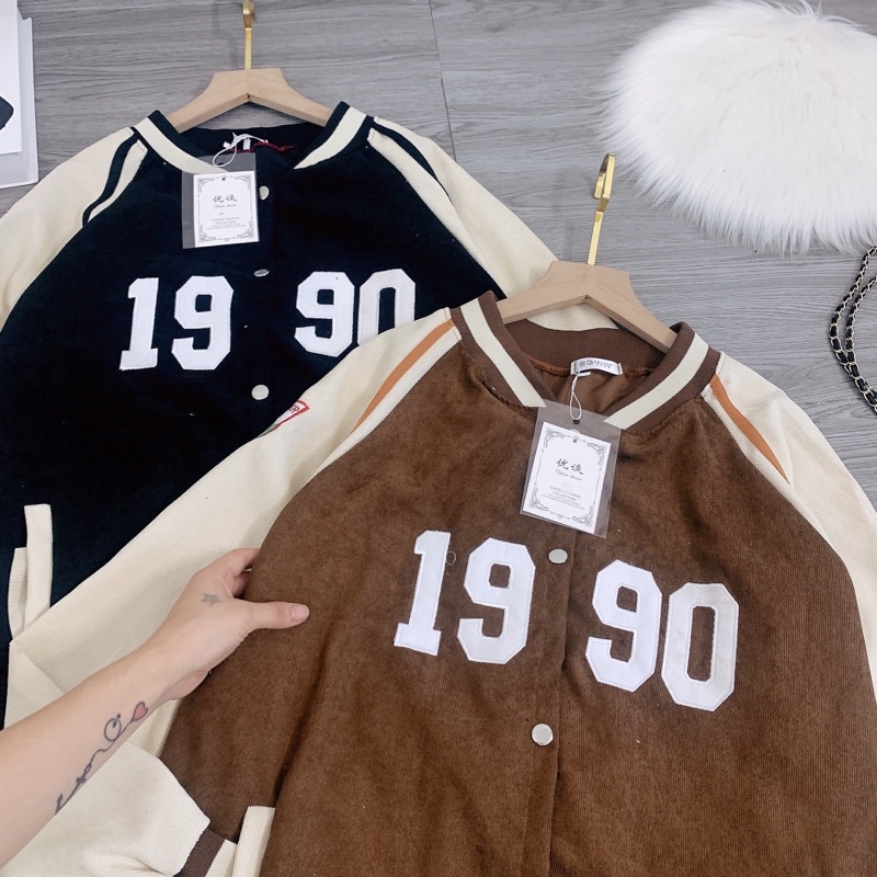 Áo bomber 1990 Áo Khoác Bóng Chày Chất Nhung Tăm Màu Đen Nâu Phối Thể Thao