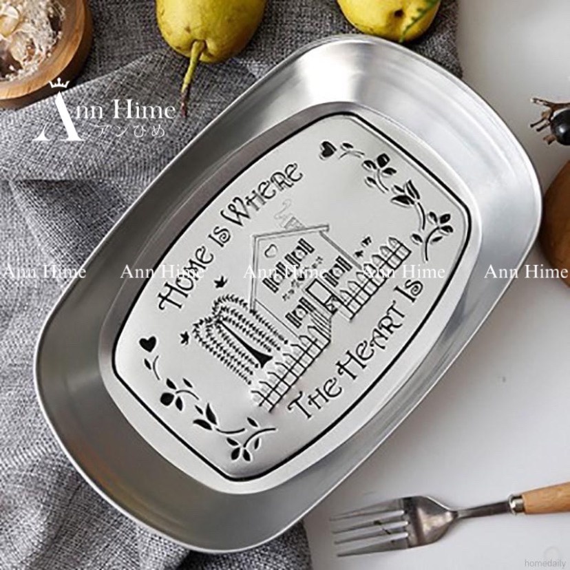 Khay Đựng Đồ Ăn, Bánh Ngọt,Hoa Quả Bằng Inox Họa Tiết Vintage