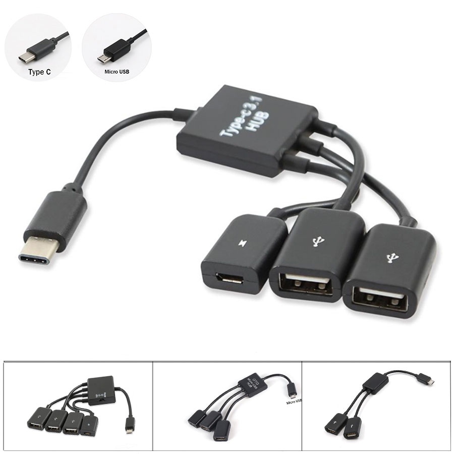 Trung tâm USB C / Type-C, Bộ chuyển đổi nối 3 cổng cắm Type-C Micro USB 3.0 2.0 với chui cắm Micro USB dây cáp OTG