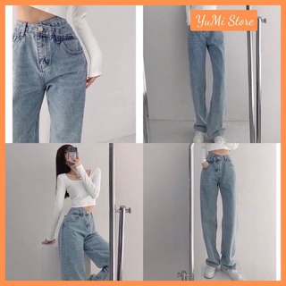 Quần bò ống rộng nữ Quần bò jeans cạp khuy lệch ống suông YuMi official store Mã 20