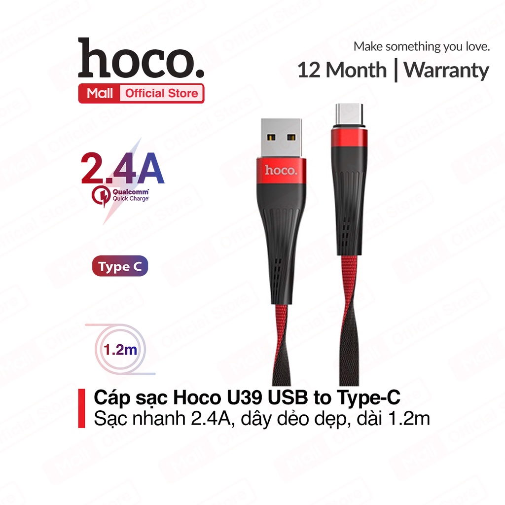 Cáp sạc USB Type - C Hoco U39 sạc nhanh 2.4A dài 1.2m cho Smart Phone