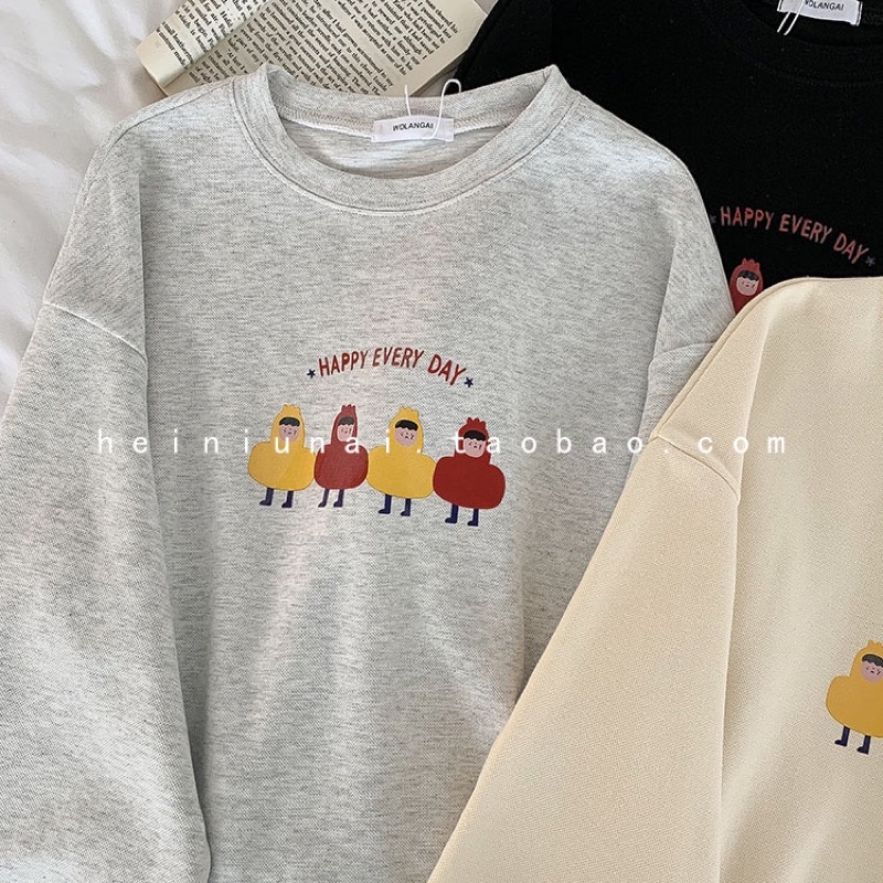 Sweater Happy Áo Sweater Nỉ Da Cá In Hình Con Gà Cổ Tròn Dáng Rộng Bo Gấu