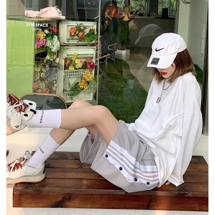 COZOKC Quần Short 5 Tấc Dáng Rộng Cài Nút Họa Tiết Kẻ Sọc Thời Trang