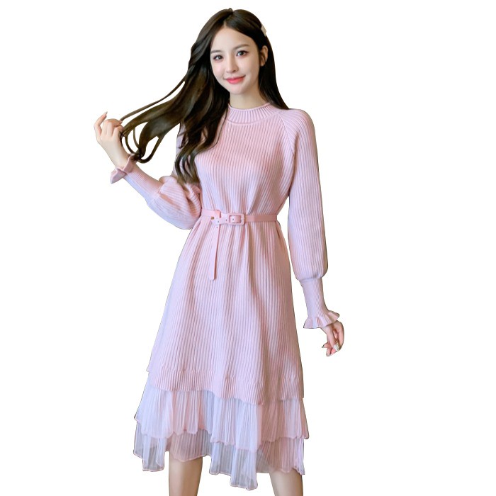 ঔৣ (ORDER-sẵn Hồng) Váy len tăm cổ cao phối voan xòe tầng kèm đai lưng điệu đà mùa đông sang chảnh ঔৣ