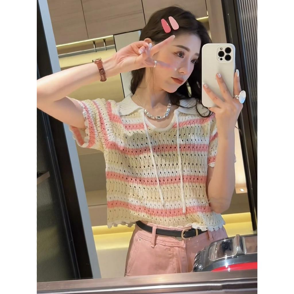 ZHELIHANGFEI Áo Sweater Dệt Kim Cổ Bẻ Cột Dây Màu Sắc Ngọt Ngào Phong Cách Pháp