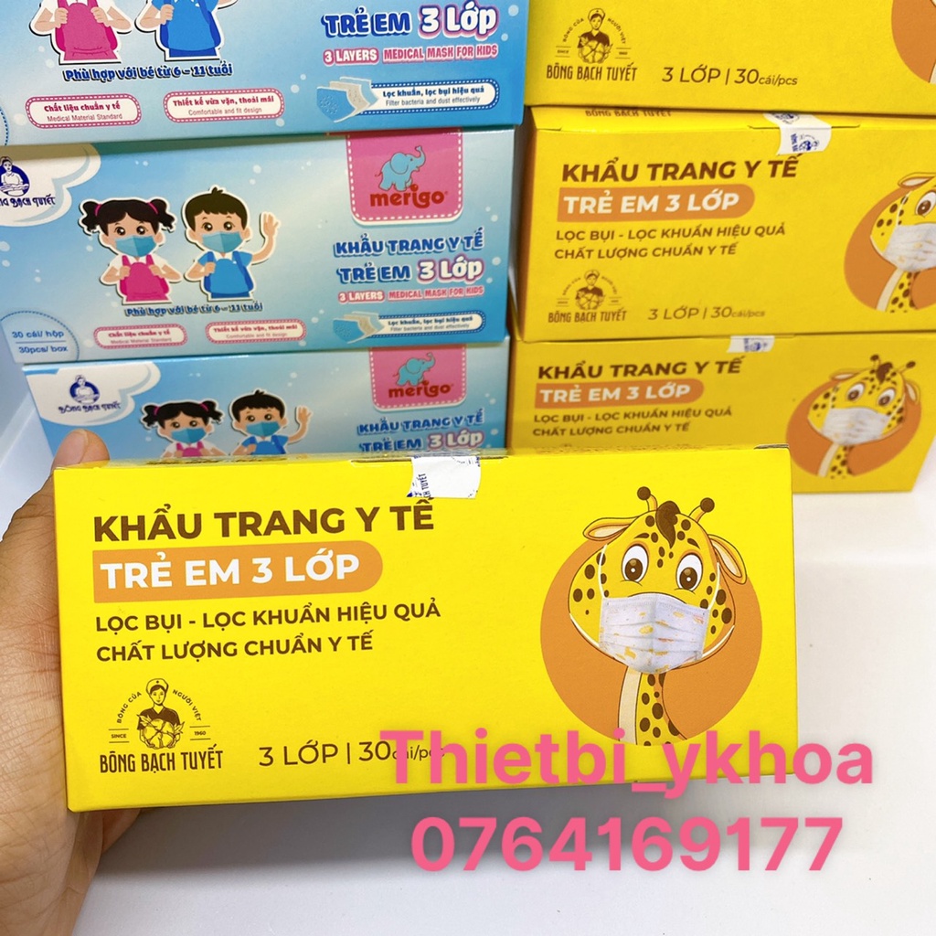 Khẩu trang Bông Bạch Tuyết Trẻ Em 3 lớp cho bé 6 - 11 tuổi (30 cái/ hộp)