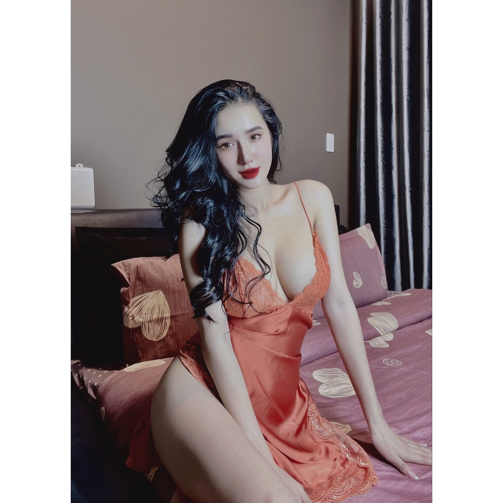 Váy ngủ lụa sexy phối ren đầm mặc nhà gợi cảm xẻ tà hở lưng V304