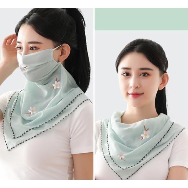 COMBO 3 MÀU Khăn lụa thêu kèm khẩu trang chống tia UV - Vải voan cao cấp. Phụ Kiện thời trang hè xinh xắn cho chị em