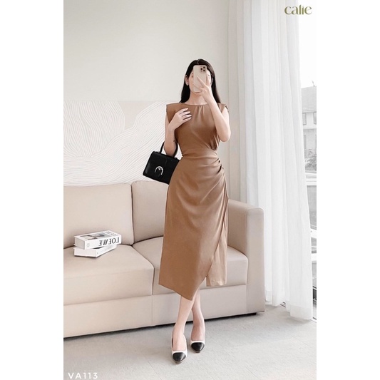 Váy lệch vạt đệm vai dúm sườn