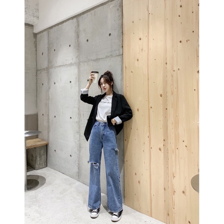 Quần jean bò ống rộng. quần jeans suông nữ cạp cao phong cách Hàn Quốc sành điệu style
