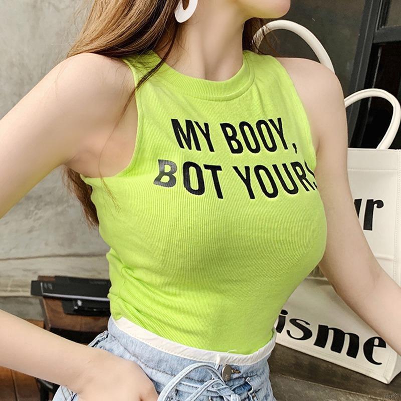 Áo thun nữ không tay cổ tròn có in chữ thời trang Hàn Quốc
