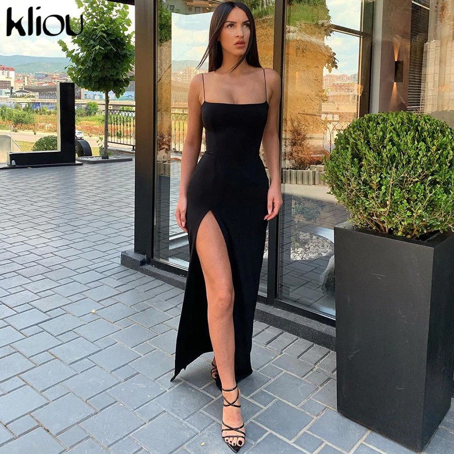 Kliou Sleeveless Slit Sexy Maxi Long Dress Autumn Winter Women Fashion Party Elegant Outfits Bodycon Black Pure Clothing | BigBuy360 - bigbuy360.vn