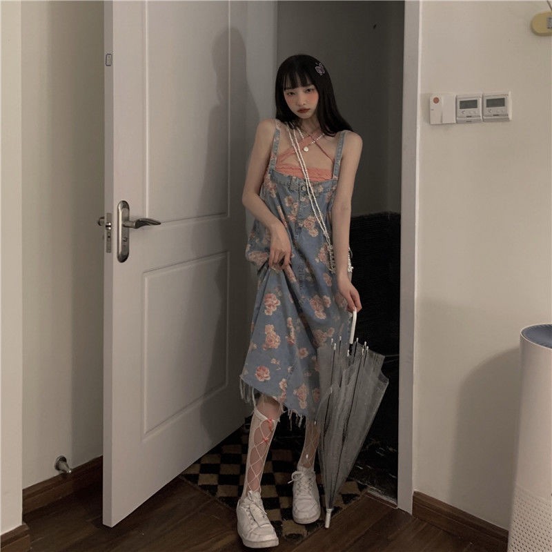 Váy treo in hoa hồng denim hai mảnh mùa hè 2023 dài họa tiết hoa váy treo váy denim