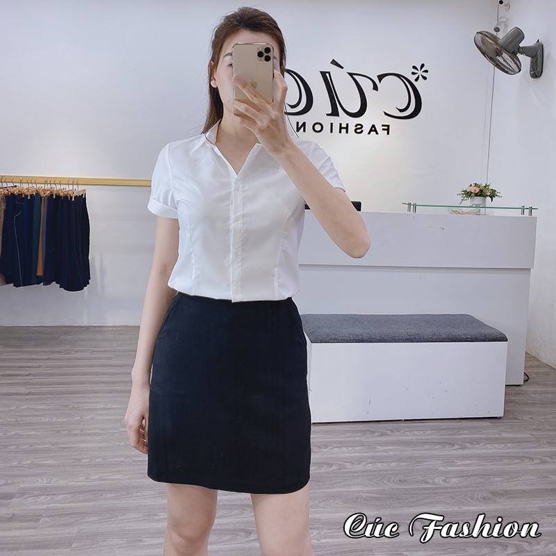 Áo sơ mi nữ CÚC FASHION somi ngắn cao cấp vải lụa đẹp thời trang công sở dễ thương đen đi học trắng cộc tay A01