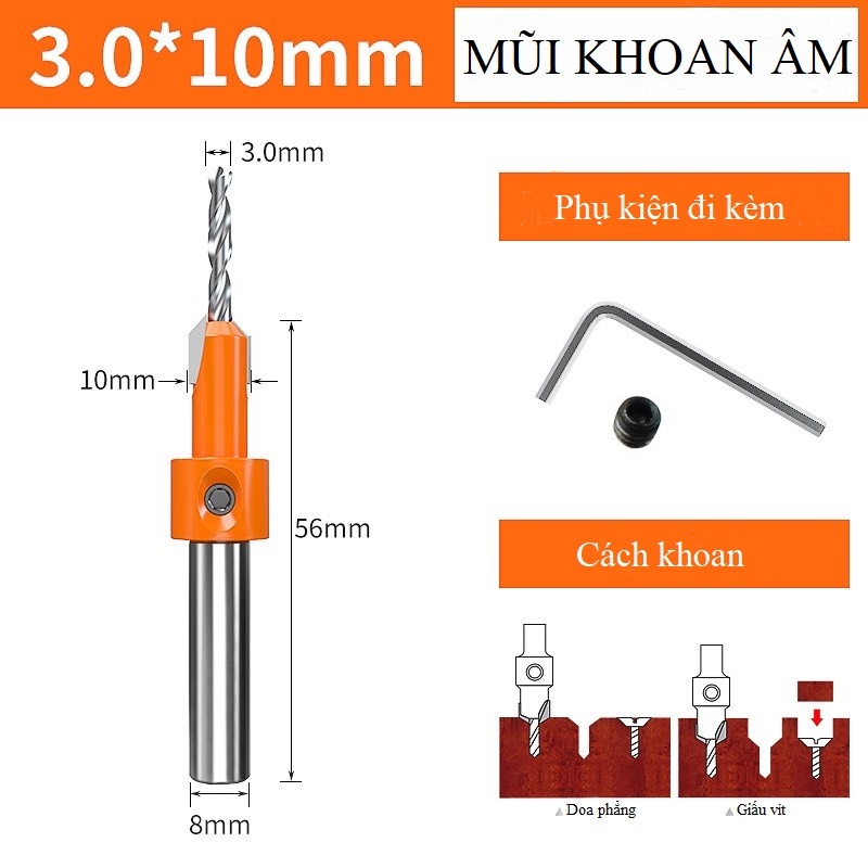 Mũi khoan âm vít gỗ cao cấp - Mũi khoan âm đầu vít 2 tầng mồi lỗ 3mm đến 8mm - Thép Hợp Kim YG8